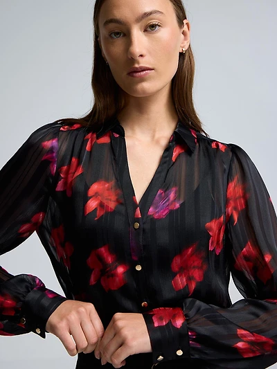 Blouse en mousseline à rayures ombrées et motif floral