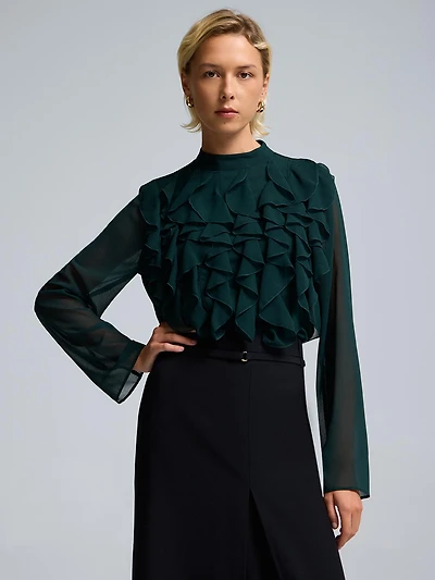 Mini Mock Neck Ruffle Chiffon Blouse