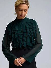 Blouse en mousseline à volants et petit col montant