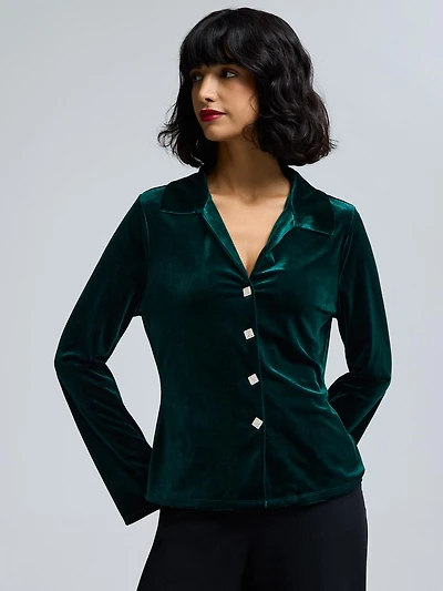 Velvet Button-Front Blouse