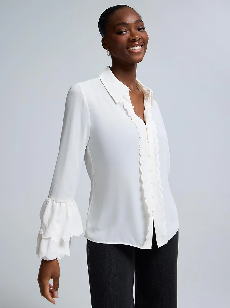 Scallop Detail Button-Front Chiffon Blouse