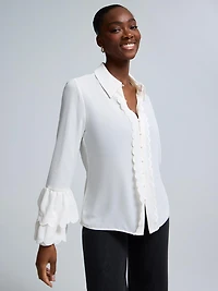 Scallop Detail Button-Front Chiffon Blouse