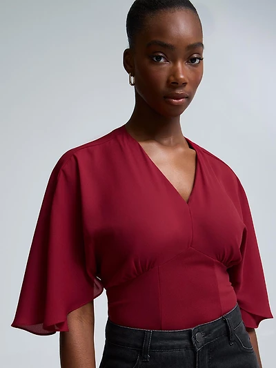 V-Neck Dolman Sleeve Chiffon Top