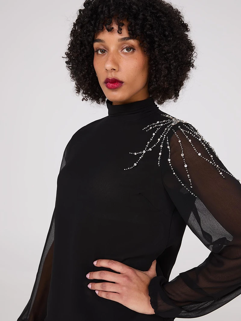 Embellished Pleated Mock Neck Top