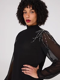 Embellished Pleated Mock Neck Top