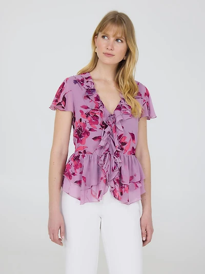 Floral Flutter Sleeve Tie-Front Blouse