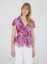 Floral Flutter Sleeve Tie-Front Blouse