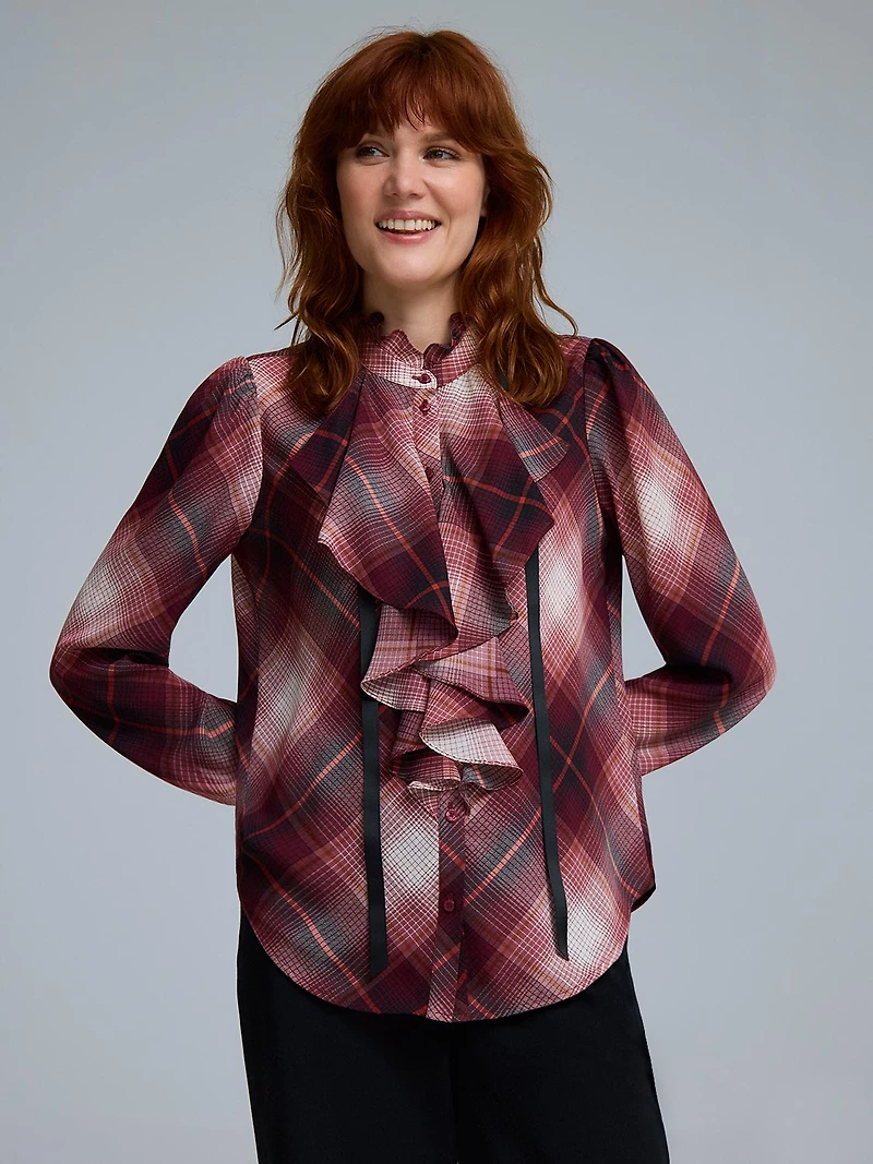 Plaid Ruffle Button-Front Chiffon Blouse