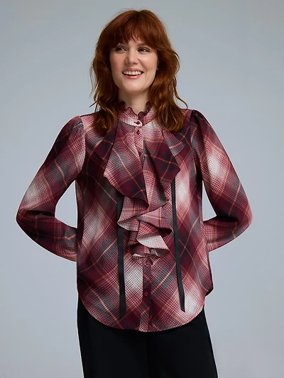 Plaid Ruffle Button-Front Chiffon Blouse