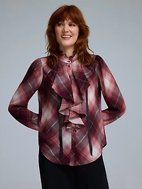 Plaid Ruffle Button-Front Chiffon Blouse