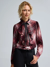 Plaid Ruffle Button-Front Chiffon Blouse