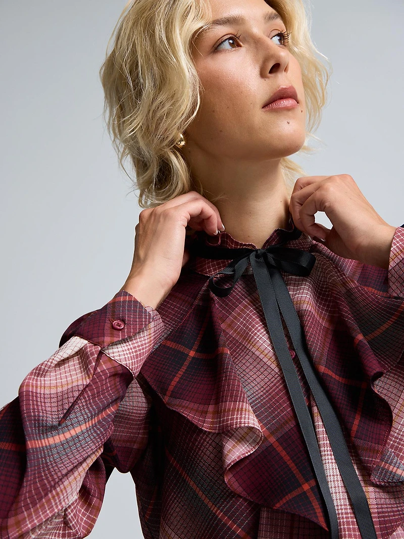 Plaid Ruffle Button-Front Chiffon Blouse