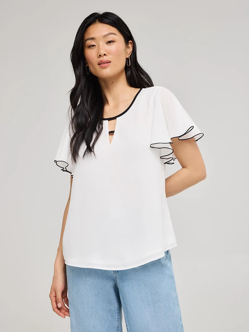 Contrast Piping Chiffon Top With Front Keyhole