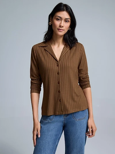 Ribbed Button-Front Blouse