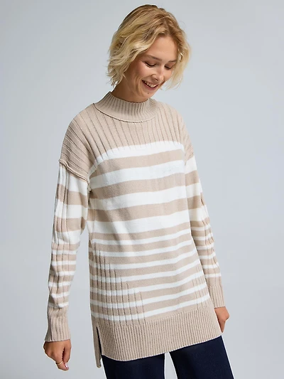 Striped Mock Neck Tunic Sweater
