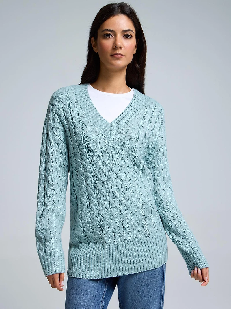 V-Neck Cable Knit Sweater