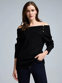 Button Detail Off-The-Shoulder Sweater