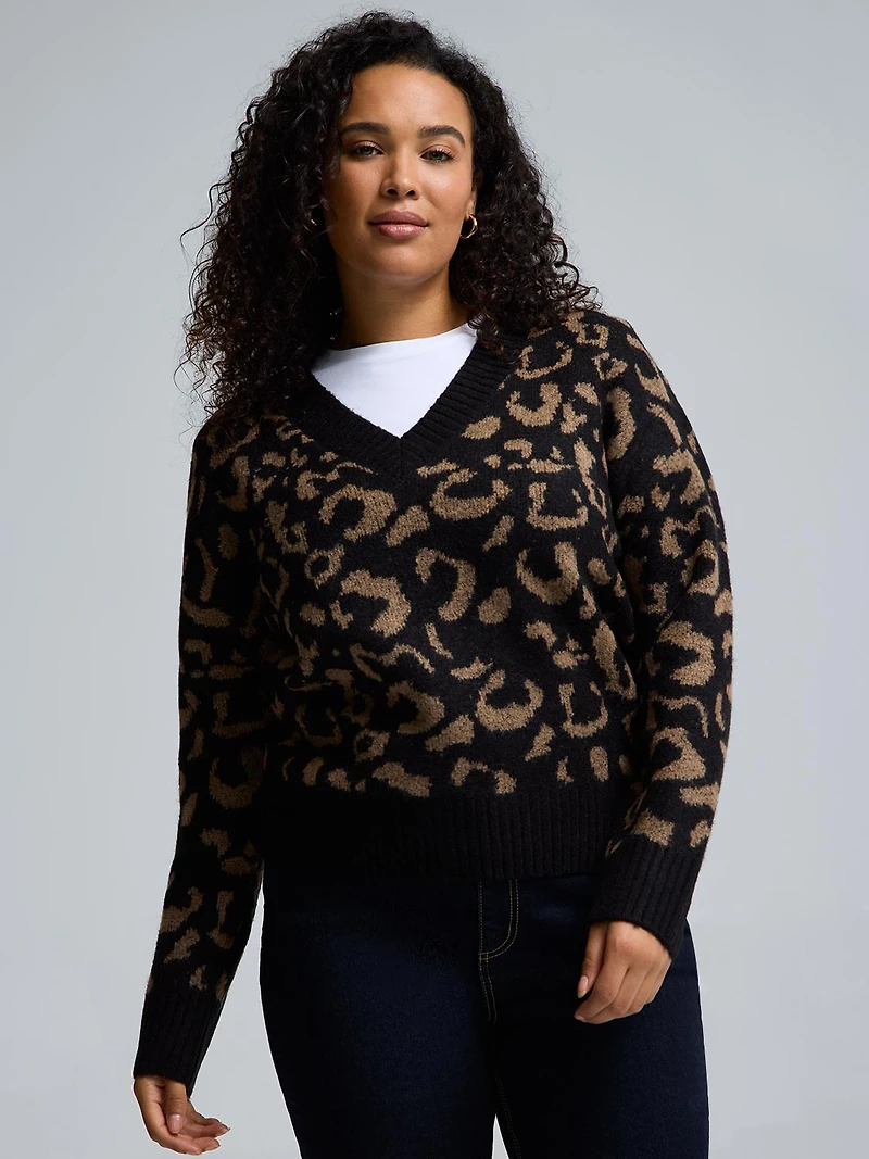 Animal Print Jacquard V-Neck Sweater