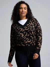 Animal Print Jacquard V-Neck Sweater