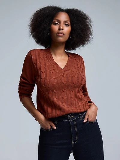 V-Neck Cable Knit Front Sweater