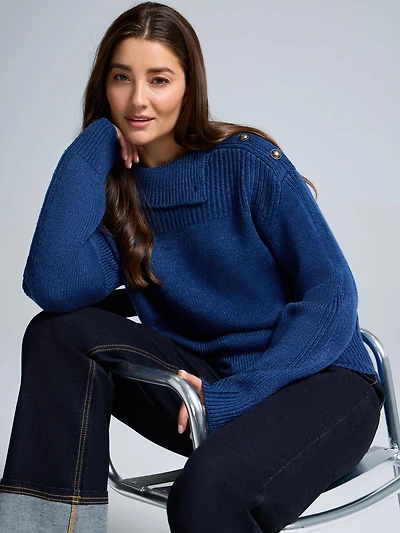 Split Neck Shaker Stitch Sweater