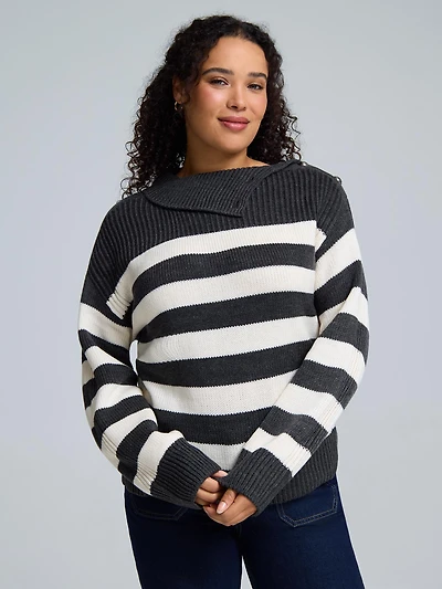 Striped Split Neck Shaker Stitch Sweater