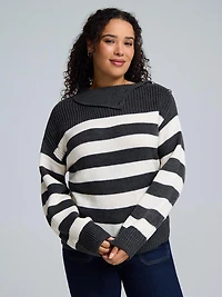 Striped Split Neck Shaker Stitch Sweater