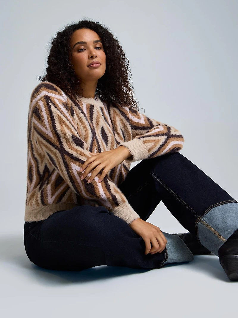 Geo Print Fuzzy Crew Neck Sweater