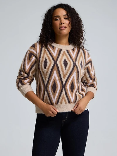 Chandail en tricot pelucheux à col rond et motif géométrique