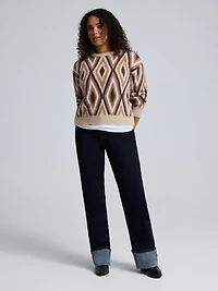 Geo Print Fuzzy Crew Neck Sweater