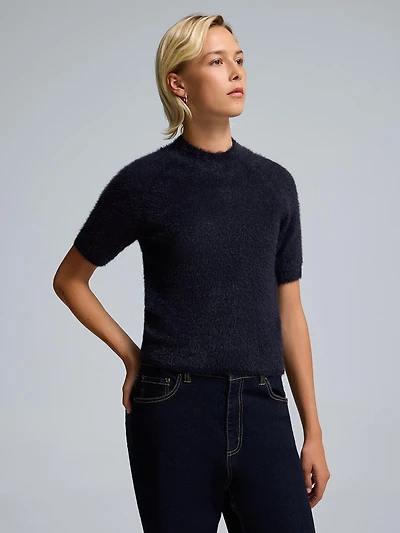 Fuzzy Mock Neck Short Sleeve Sweater