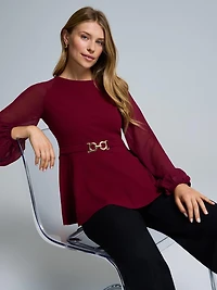 Chiffon Sleeve Belted Peplum Top