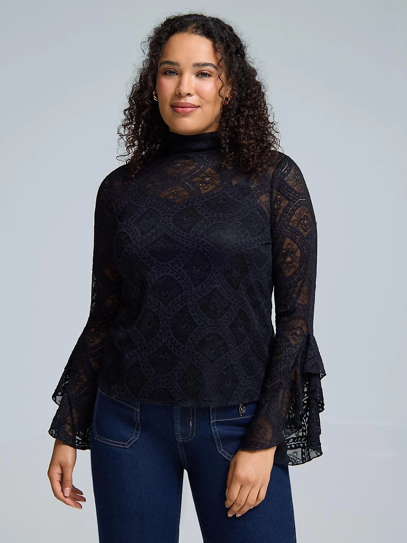 Ruffle Sleeve Mock Neck Lace Top