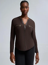 Faux Leather Notch Collar Top