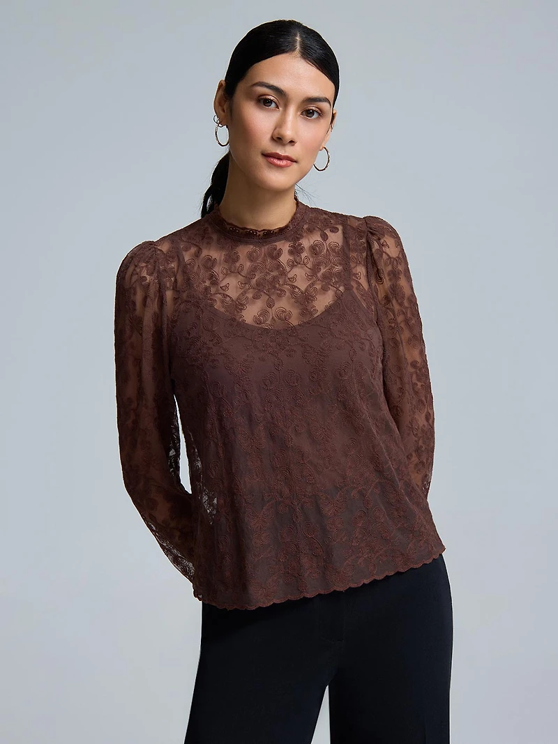 Floral Embroidered Mesh Top