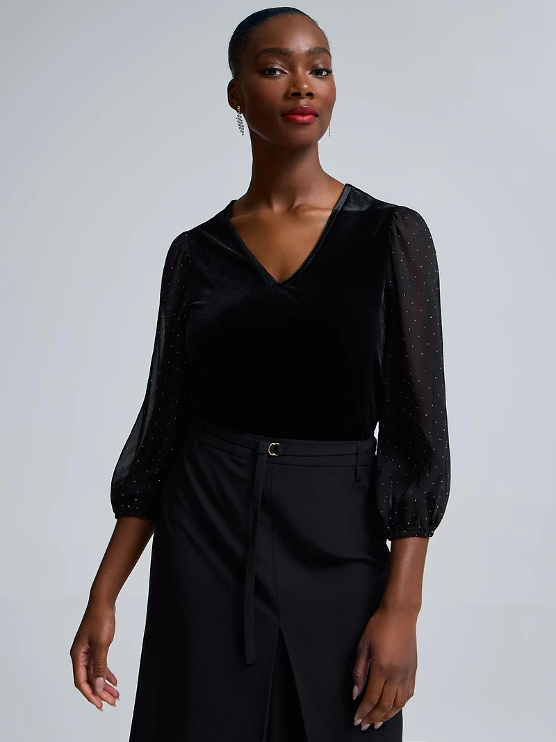 Rhinestone Sleeve Velvet Top