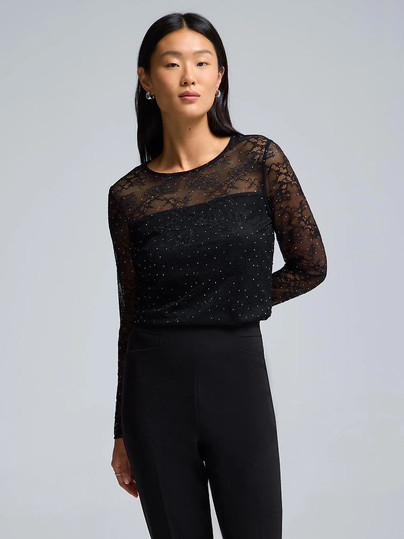 Rhinestone Lace Illusion Neckline Top