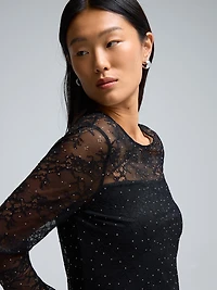 Rhinestone Lace Illusion Neckline Top