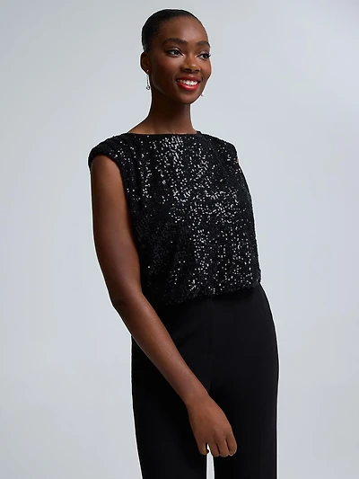 Cropped Sequin Mesh Bubble Hem Top