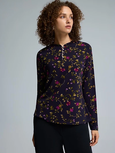 Floral Print Rhinestone Pie Crust Neck Top