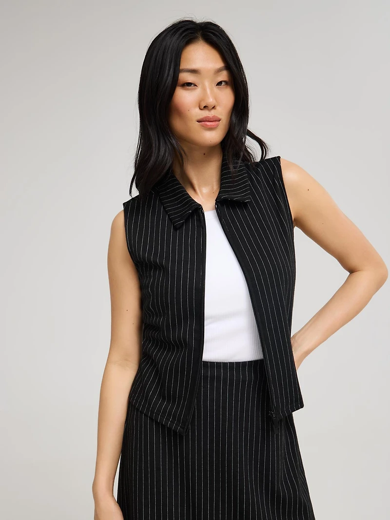 Sleeveless Pinstripe Johnny Collar Top