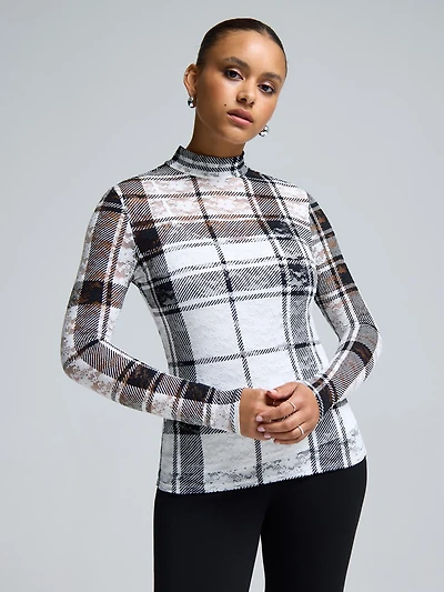 Mock Neck Plaid Shirt With Lace Detail