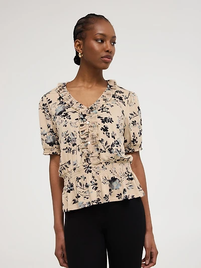 Textured Floral Print V-Neck Top
