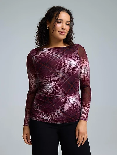 Plaid Boat Neck Mesh Top