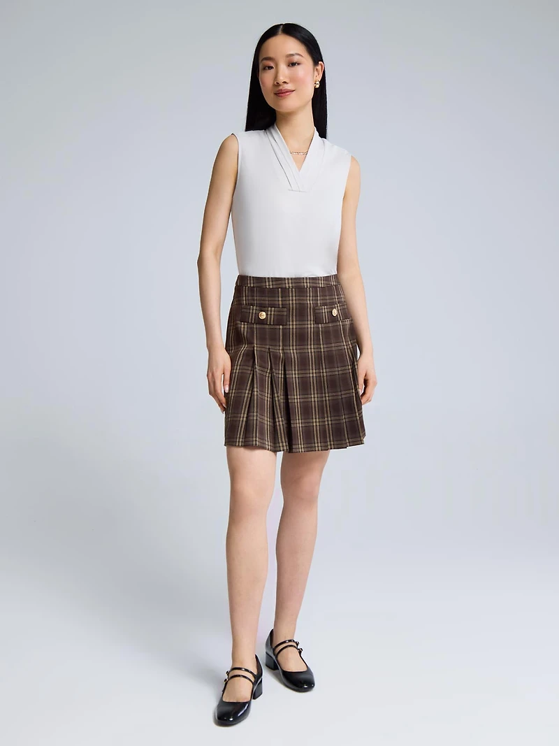 Front Pleated Plaid Mini Skirt