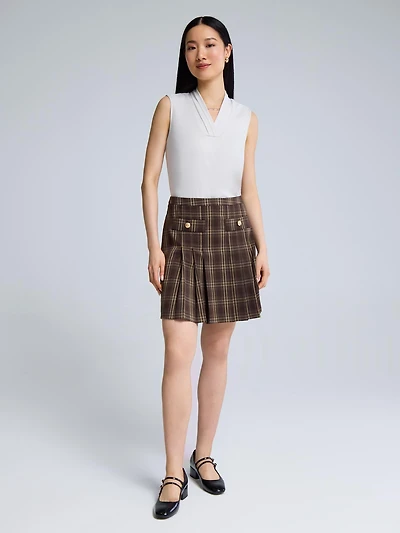 Front Pleated Plaid Mini Skirt
