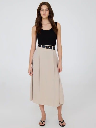 Belted A-Line Satin Skirt