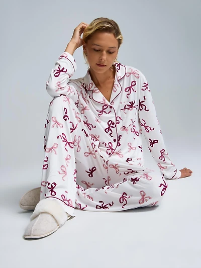 Bow Print Button-Down Pajama Set