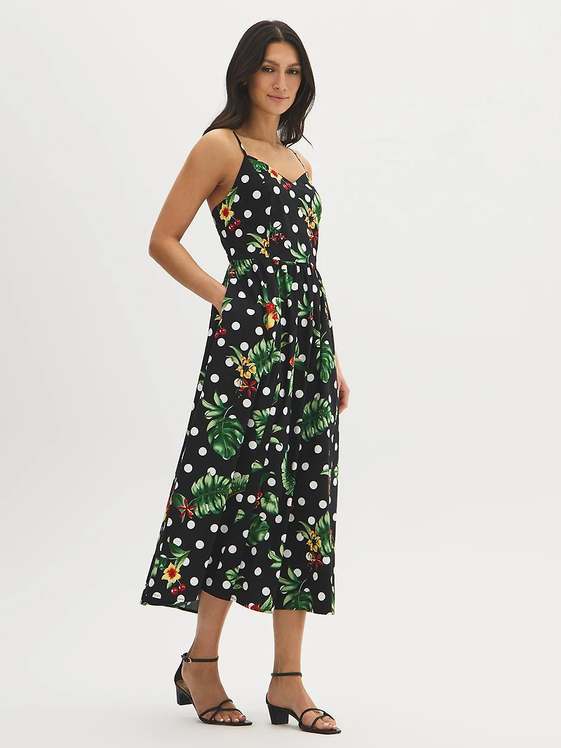 Robe mi-longue en coton à imprimé tropical