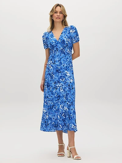 Robe mi-longue texturée à imprimé floral